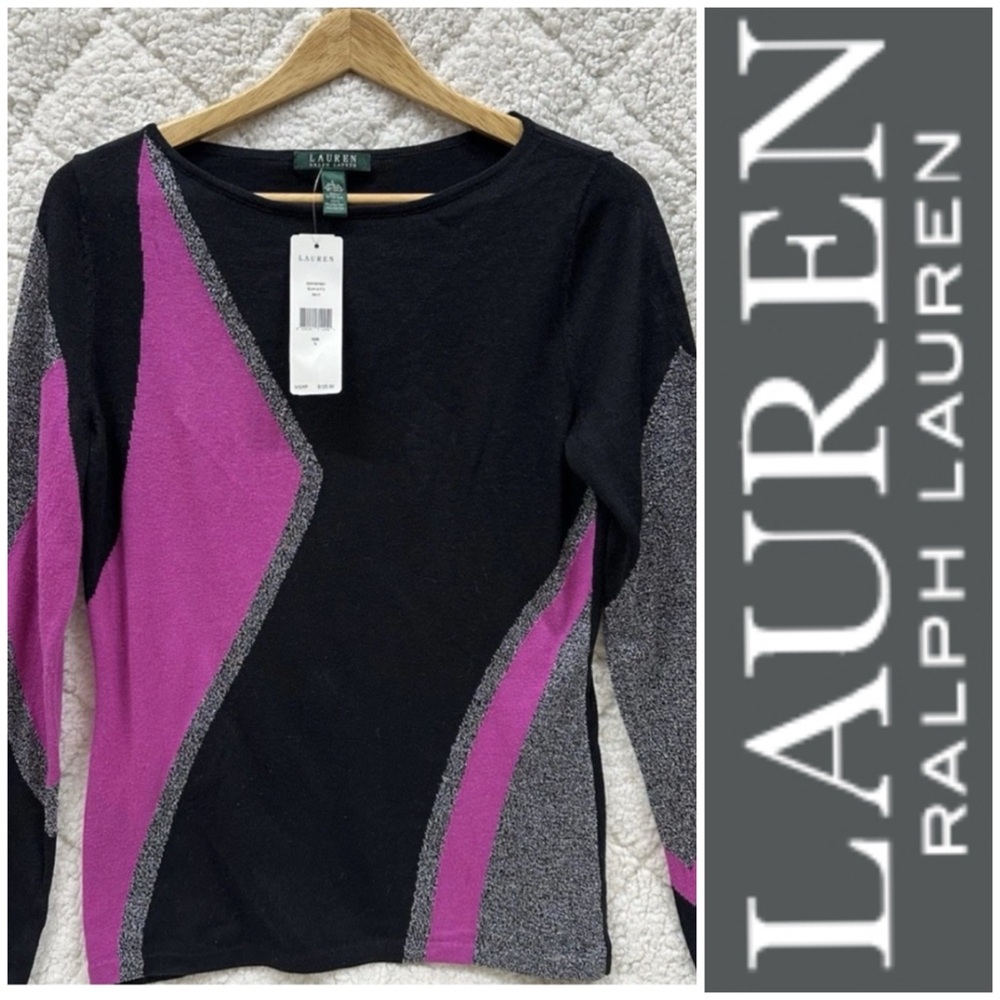 New with tags! Lauren Ralph Lauren Black and Pink Purple Long Sleeve Sweater
